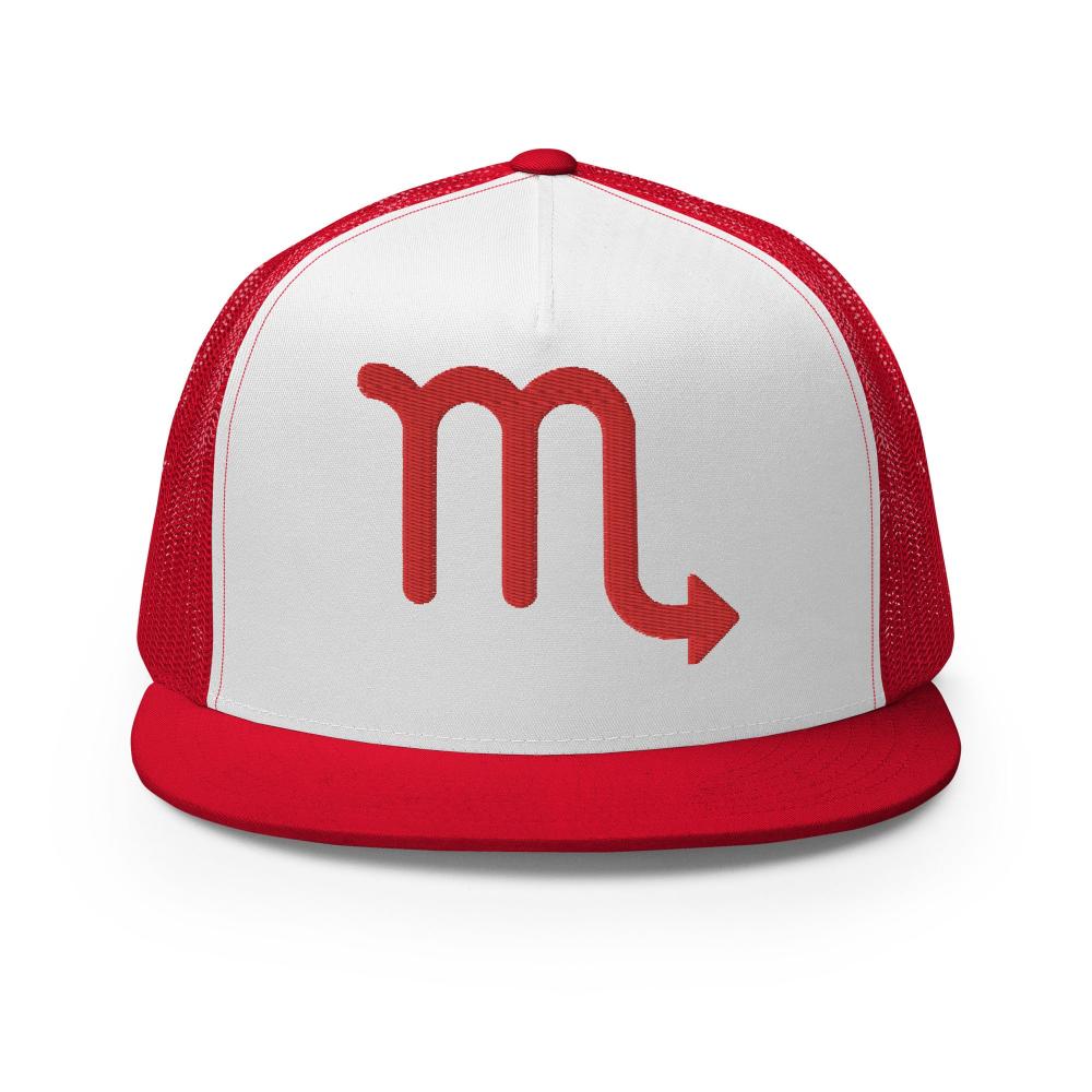 Scorpio Zodiac Embroidered Flat Bill Trucker Hat - Red/White/Red Color - https://ascensionemporium.net